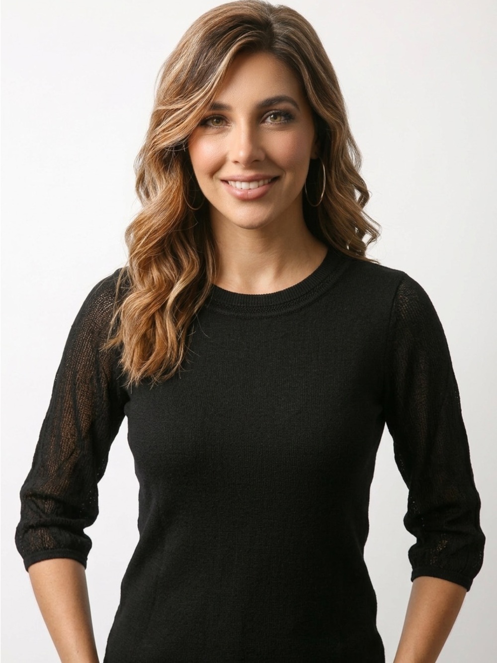 Catherine Malandrino Women’s  XS Black Mesh Sleeve Soft Crewneck Sweater $58